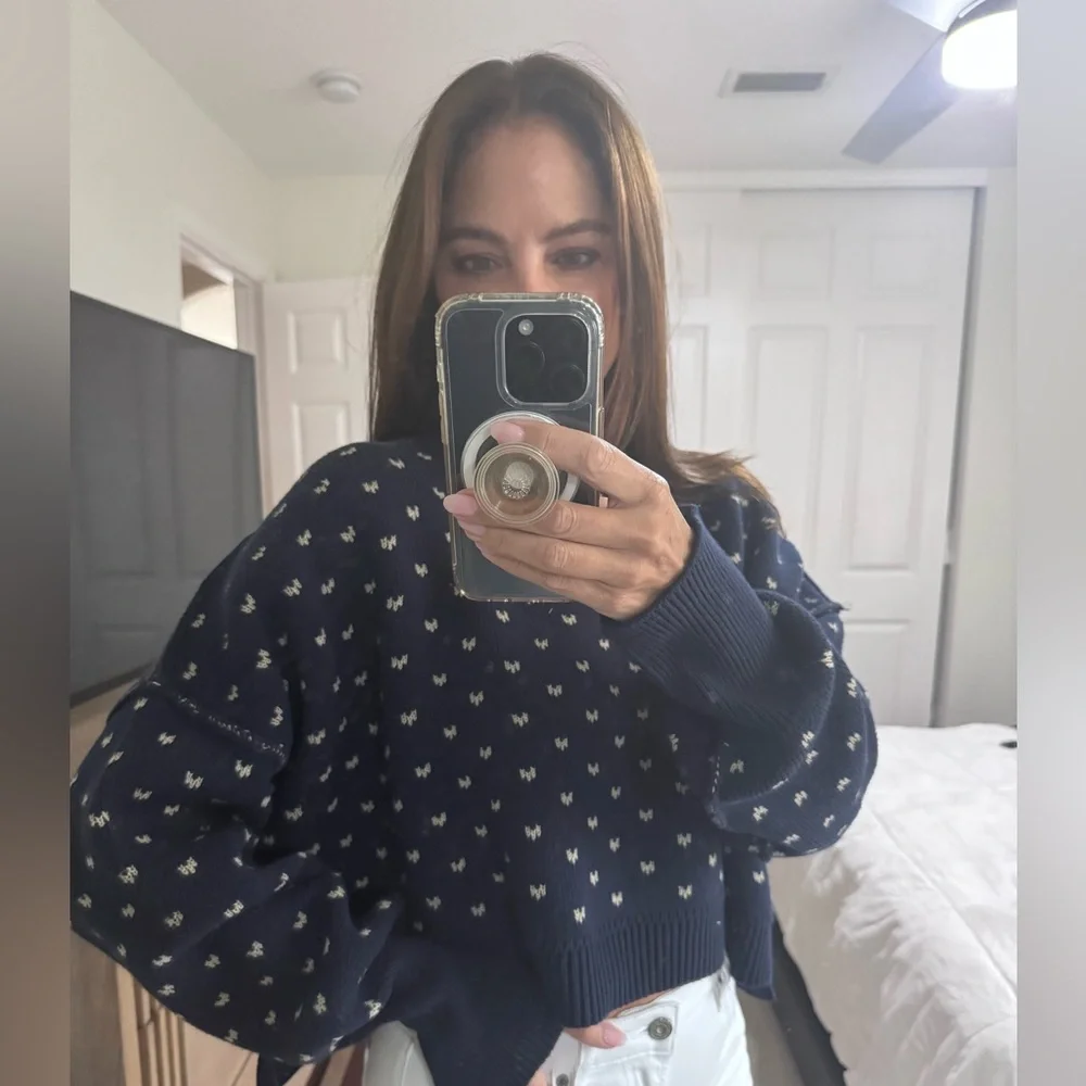 FREE PEOPLE Easy Street Patterened Crop Pullover / Navy Combo NWT